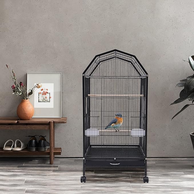 40-Inch Wrought Iron Bird Cage with Open-Top and Rolling Stand, Movable Parrot Cage Pet Bird Flight Cage, 360 Degree View Spacious Interactive Roof Pet Bird House for Medium&Small Birds-Mewly Pet
