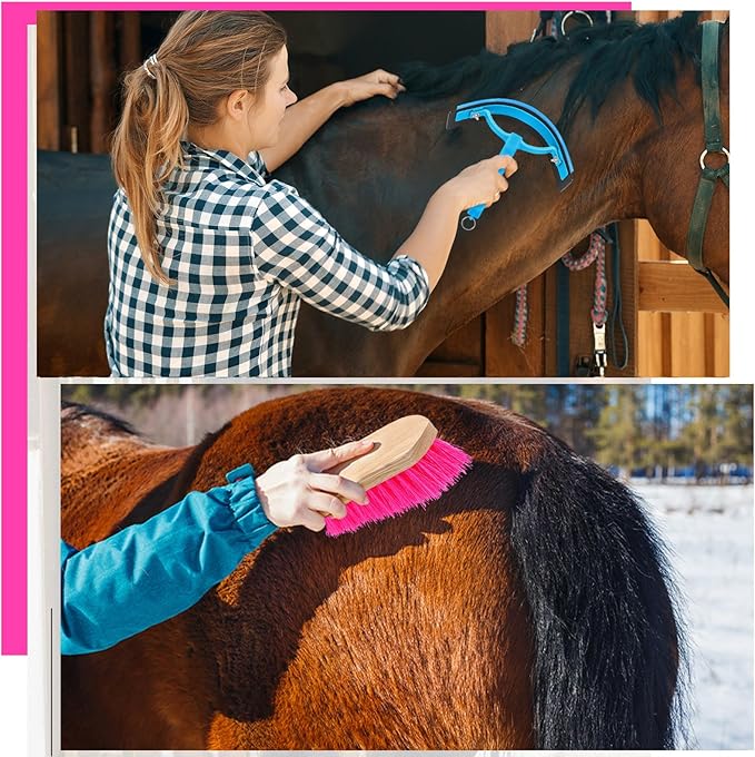 Abbylike 12 Pieces Horse Grooming Kit Racing Festival Tack Room Supplies Horse Brush Sets Equine Care Cleaning Kit Shedding Grooming Massaging Tools(Rose Red)-Mewly Pet