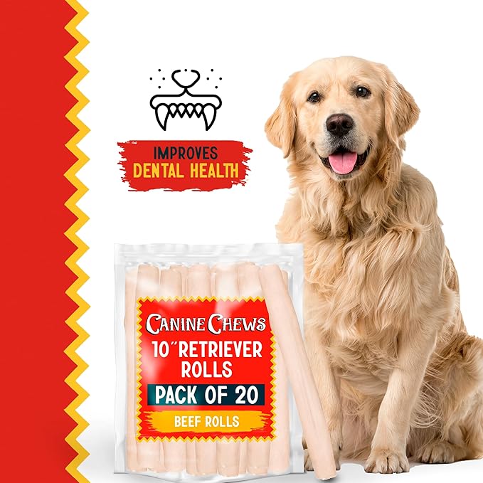 Canine Chews 10" Dog Rawhide Retriever Rolls - Bones for Large Dogs (20 Pack) - 100% USA-Sourced Natural Beef - Single Ingredient - Healthy Dental Chew-Mewly Pet