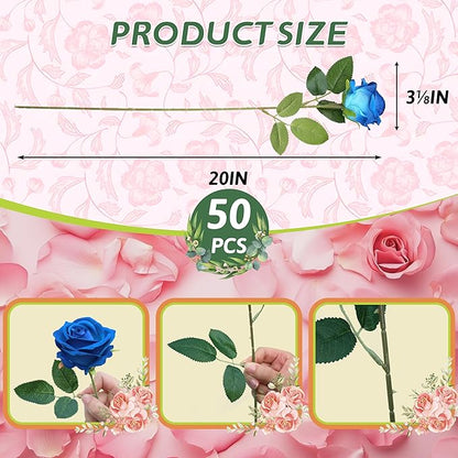 50 PCS Fake Blue Roses, Artificial Blue Flowers Realistic Silk Faux Rose with Stems for Wedding Decorations Romantic Gifts Anniversary Celebration Bridal Bouquets DIY Floral Arrangement Home Decor