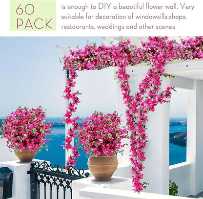 60 Pcs Artificial Faux Bougainvillea Fake Flower Silk Bougainvillea Branches UV Resistant Outdoor Indoor Decoration for Wedding Home Centerpieces Outside Decor (Rose Red)