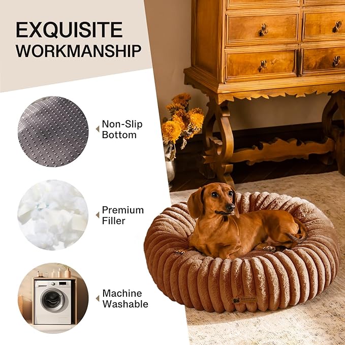 MEWOOFUN Donut Dog Beds for Small Dog, Calming Bed Round Cute Puppy Bed with Non-Slip Bottom, Fluffy Washable Pet Bed for Puppy and Kitten (Dark Brown, XS (20x20x6))-Mewly Pet