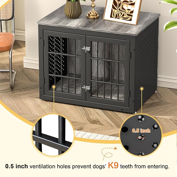 32" Heavy Duty Dog Crate Furniture for Small and Medium Dogs, Metal Kennel for High Anxiety Dogs, Chew Proof Pet Cage Indoor, Decorative Dog Kennel End Table-Mewly Pet
