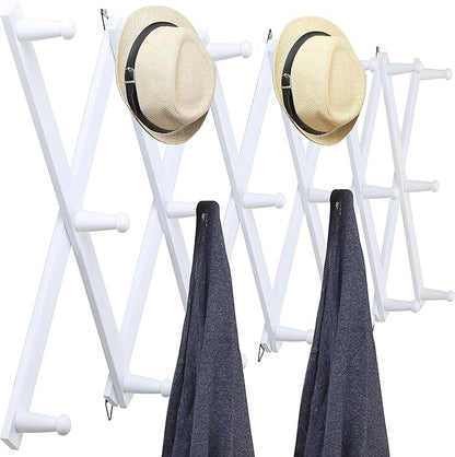 WEBI Accordion Wall Hanger,Wooden Expandable Coat Rack Wall Mounted,Accordion Hat Rack for Wall,Accordion Hook Rack for Hats,Caps,20 Peg Hooks,White