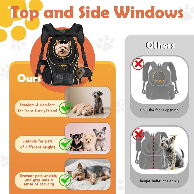WOYYHO Pet Dog Carrier Backpack with Top and Side Windows, Small Dog Front Backpack Ventilated Mesh Dog Back Pack with Safety Belt for Travel Hiking Outdoor Adventures (Size M: 5-9 lbs, Black 2.0)-Mewly Pet