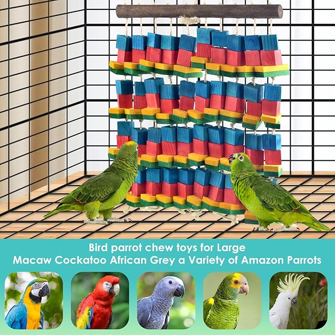 Extra Large Bird Toys, 21.6inch XL Macaw African Grey Parrot Chewing Toys, Natural Wooden Block Knots Tearing Toy Parrot Cage Accessories for Big Birds-Mewly Pet
