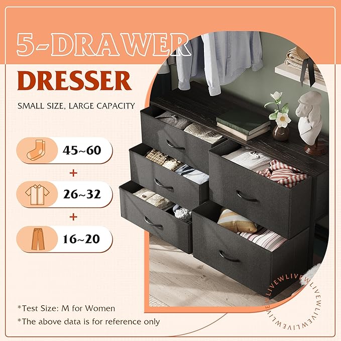 WLIVE Dresser for Bedroom with 5 Drawers, Wide Bedroom Dressers with Drawer Organizers, Chest of Drawers, Fabric Dresser for Living Room, Closet, Hallway, Charcoal Black