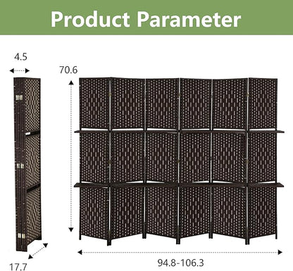 Room Divider 6 Panel Room Screen Divider Folding Portable partition Screen Wood with Removable Storage Shelves, Dark Brown