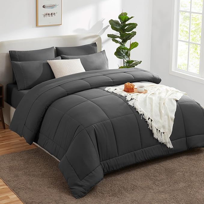 CozyLux Oversized King Comforter Sets Dark Grey, 7 Pieces Bed in a Bag, Ultra-Soft All Season Bedding Sets with Stitch Quilted Comforter, Flat Sheet, Fitted Sheet, Pillowcases, Dark Gray
