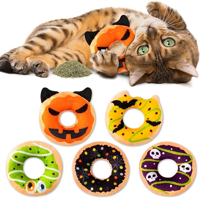 L1rabe Halloween Donut Catnip Stuffed Toys - 5 Funny Pumpkin Bat Spider Dessert Cat Toys Pet Supplies, Indoor Cats Chew Bite Teething Tools Kittens Catmint Birthday Interactive Supplies-Mewly Pet