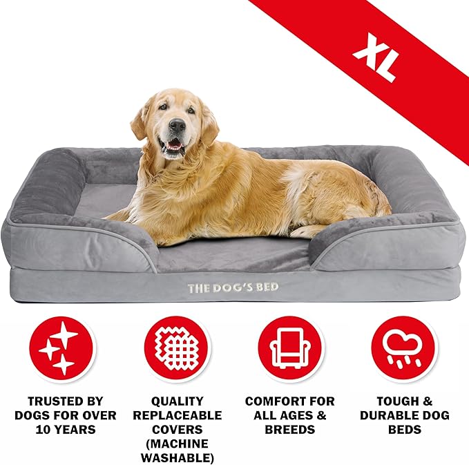 The Dog’s Bed, Orthopedic Standard Foam Waterproof Dog Bed with Standard Support, XL Silver Grey Plush, Waterproof, Supportive Dog Bed with Replaceable Covers, Veterinary Approved-Mewly Pet