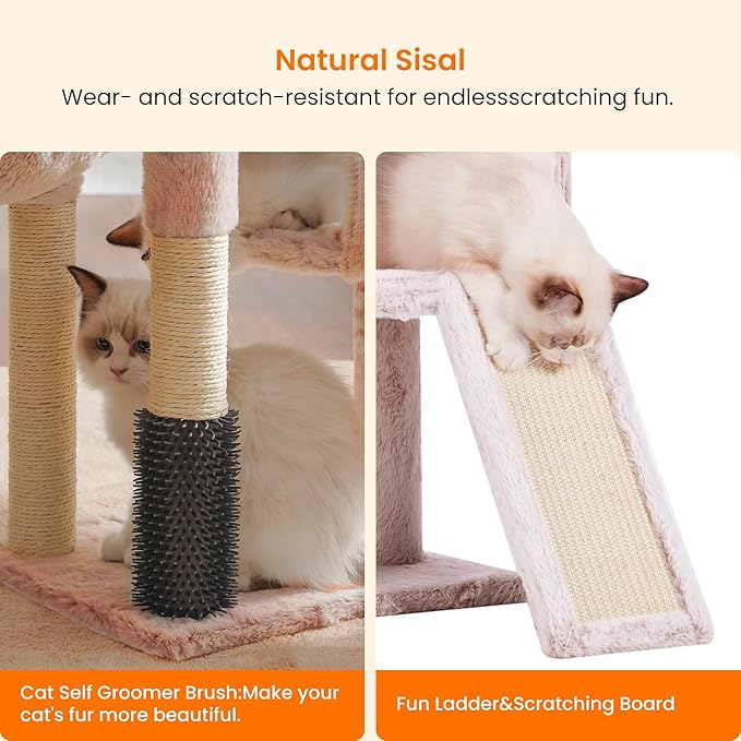 Heybly Cat Tree with Cat Self Groomer Brush, Cat Tower Condo for Indoor Cats with Padded Plush Perch, Cat House with Basket Scratching Board Post, Muchroom HCT005SMU-Mewly Pet
