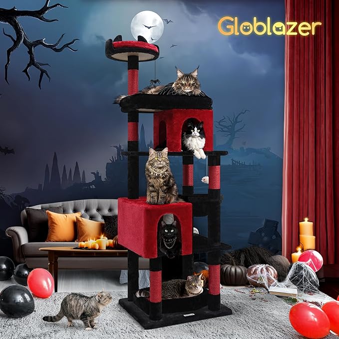 Globlazer Heavy Duty Gothic Cat Tree, 72in Large Cat Tower with Coffin Bed, Sturdy Maine Coon Cat Tree for Large Cats 20 lbs+, Medieval Castle Style with 6 Scratching Posts & Hammock, S72, Black & Red-Mewly Pet