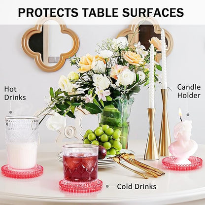 Glass Candle Holders, GOH DODD Set of 8 Crystal Pillar Plates Modern Coasters for Drinks, Centerpiece, Home Decor, Kitchen, Living Room, Patio, Wedding, Halloween, Christmas, Party, Clear Red