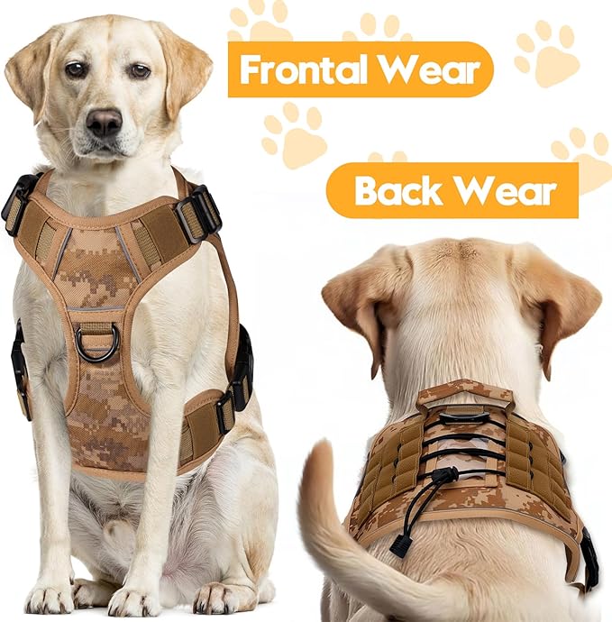 Heavy-Duty Tactical Dog Harness for Large Dogs, No Pull Adjustable Reflective Pet Vest with Molle System, K9 Military-Grade Control for Service Training, Outdoor & 10+ Breeds, Khaki Camo, X-Large-Mewly Pet