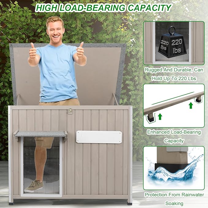 Dog House Outdoor Weatherproof & Wooden Dog Kennel with Chew-Proof Iron Frame，Removable Floor, Adjustable Vent Window, Easy Assembly for Large and Medium Dogs 43.3" D x 29.5" W x 33.5" H-Mewly Pet