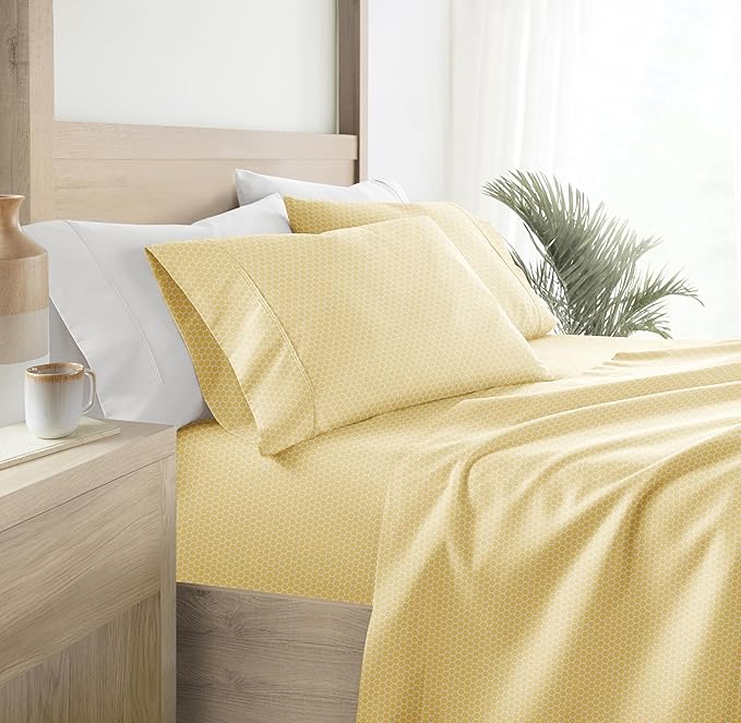 Linen Market Double-Brushed Patterned Microfiber Queen Sheet Set 4 Piece – Oeko-TEX Certified Ultra Soft & Wrinkle-Free - 16" Deep Pocket Sheets - Easy Care Queen Size - Honeycomb Yellow