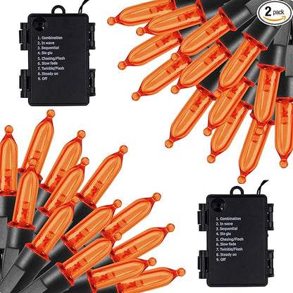 Twinkle Star Orange Halloween String Lights, 2 Pack Total 100 LED 32FT Battery Operated String Light Waterproof Tree Lights with 8 Lighting Modes,Indoor Outdoor Patio Garden Halloween Decorations