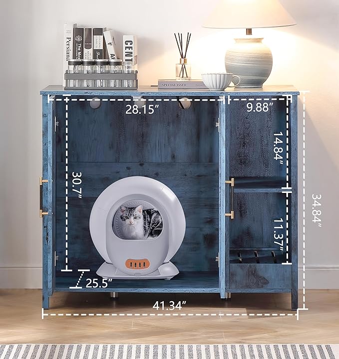 Cat Litter Robot Enclosure, Enclosure for self-Cleaning Litter Boxes,Adjustable Shelf for Dog Proof and Storage,Charging Station,Locks Added for cat,Large Indoor Cat House,Blue-Mewly Pet