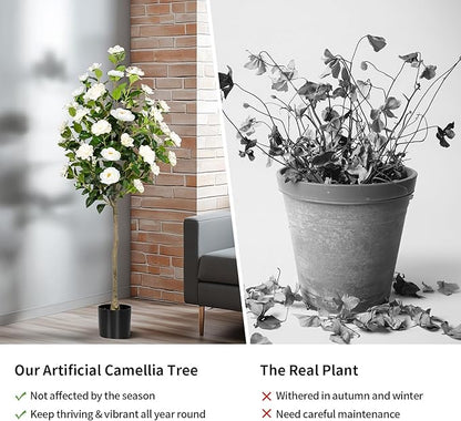 Artificial Camellia Tree 2 Pack, Artificial Plants Outdoor Faux Floral Plant in Cement Pot Fake Silk Camellia Tree Plants for Home House Living Room Office Decor