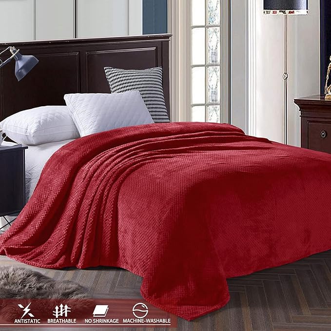 Exclusivo Mezcla Fleece Bed Blanket Queen Size, Super Soft and Warm Blankets for Couch, Sofa and Bed Waffle Textured, Cozy, Fuzzy and Lightweight (Deep Red, 90x90 Inches)