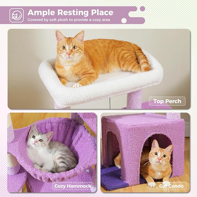 PEQULTI 36.5'' Cat Tree for Indoor Cats, Small Cat Tower with Large Cat Condo, Scratching Posts, Cozy Hammock and Scratching Ladder for Kittens, Purple-Mewly Pet