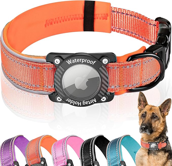 Upgraded AirTag Dog Collar, IP68 Waterproof Dog Collar with Apple Air Tag Holder, Reflective Adjustable Heavy Duty Dog Collars with Soft Padded for Small, Medium and Large Dogs,Orange, L-Mewly Pet