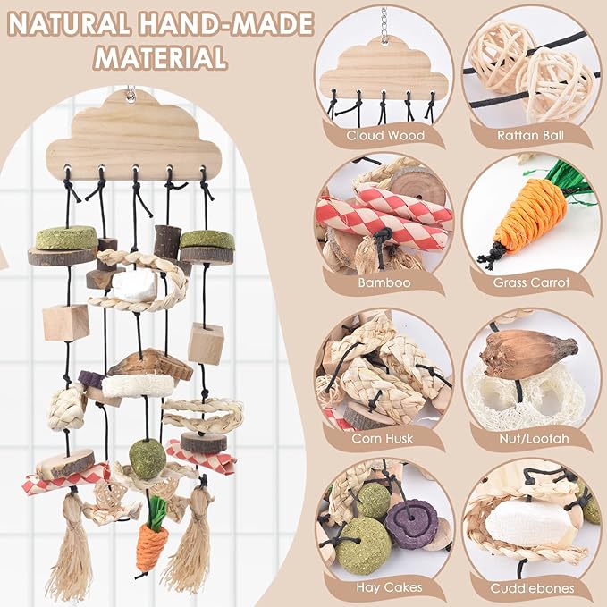 Bissap Rabbit Chew Toy, Bunny Cage Hanging Chew Toys and Treats Wooden with Snacks for Guinea Pigs Chinchillas Hamsters Rats and Other Small Pets Teeth Grinding-Mewly Pet