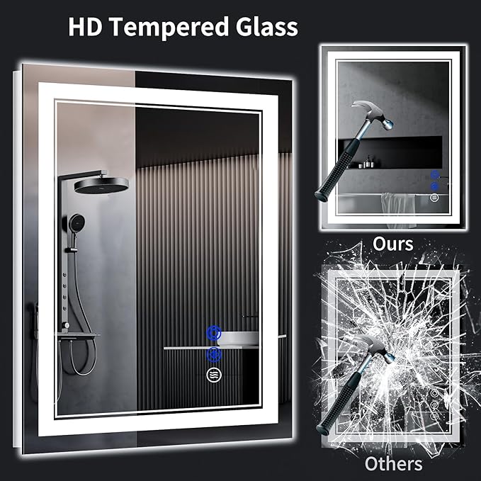 30"x22" LED Bathroom Mirror with Anti-Fog, Stepless Dimmable Lights, 3 Color Modes, Shatter-Proof Tempered Glass, Memory Function & Waterproof Design