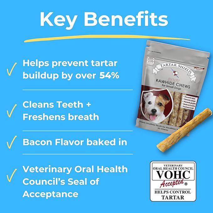 Tartar Shield Soft Rawhide Chews | Safe Dental Treats for Small Dogs | Vet VOHC Approved | Daily Bone Cleans Teeth & Gums Fresh Breath Oral Health Support | USA Made | (Small Dogs / 12 Count)-Mewly Pet
