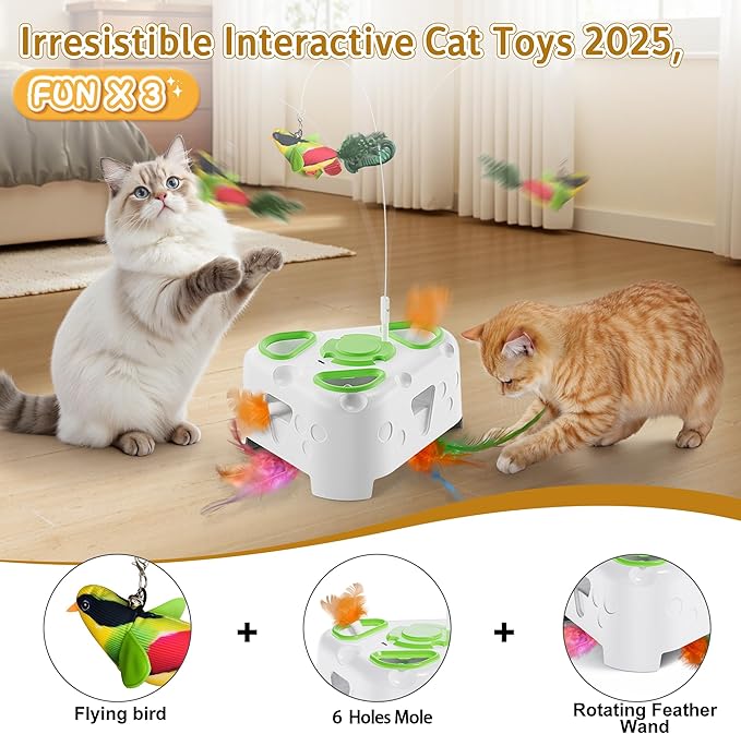 3-in-1 Interactive Cat Toys for Indoor Cats,Automatic Kitten Toy,Flying Bird,6 Holes Mole,Rotating Feather, Rechargeable USB Interactive Cat Feather Toys for Bored Indoor Cats-Mewly Pet