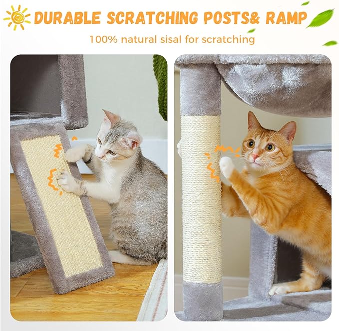 PAWZ Road Large Cat Tree, 41 Inches Multi-Level Cat Tower with 2 Spacious Condos for Indoor Cats, Large Cat House with Comfy Hammock, Padded Perch, Scratching Pad and Replaceable Balls-Gray-Mewly Pet