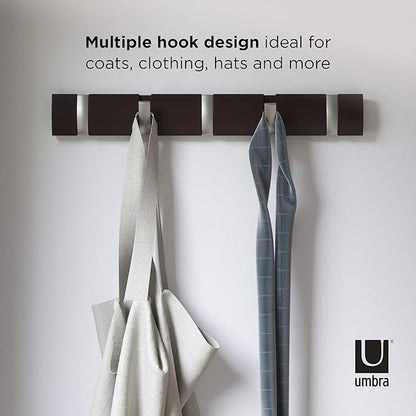 Umbra Flip Wall-Mounted Coat Rack with 5 Hooks – Modern, Space-Saving Storage for Hats, Jackets, Bags, Entryway, Mudroom, Closet, Bathroom, Bedroom – Espresso/Nickel