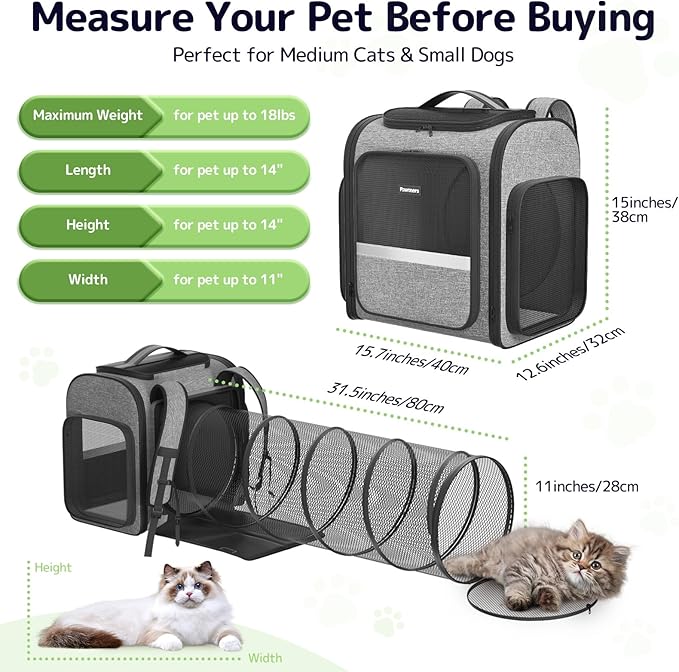 Pawtners Cat Carrier Backpacks Expandable Cat Backpack with Breathable Mesh, Pet Carrier Backpack for Cats Small Dogs Puppies Up to 18 Lbs, Dog Carrier Backpack for Travel Hiking Camping Outdoor-Mewly Pet