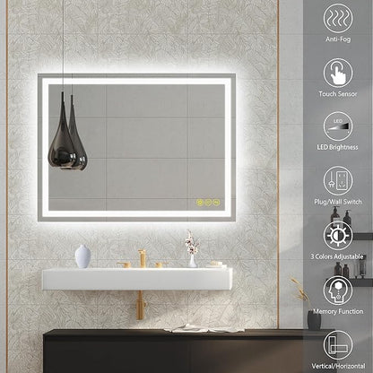 Wall-Mounted LED Square Bathroom Mirror, Makeup Mirror (32 inches x 24 inches,) 3 Color Dimming Bathroom Vanity Mirror with Lights Smart Mirror with Touch (Horizontal/Vertical)