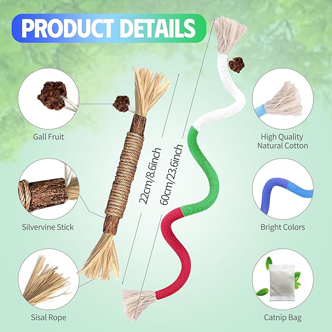 Cat Toys Chew Rope & Silvervine Sticks for Bored Indoor Adult Cats, 4Pcs Interactive Catnip Toys for Cats with Refillable Natural Catnip Bag for Teeth Cleaning-Mewly Pet