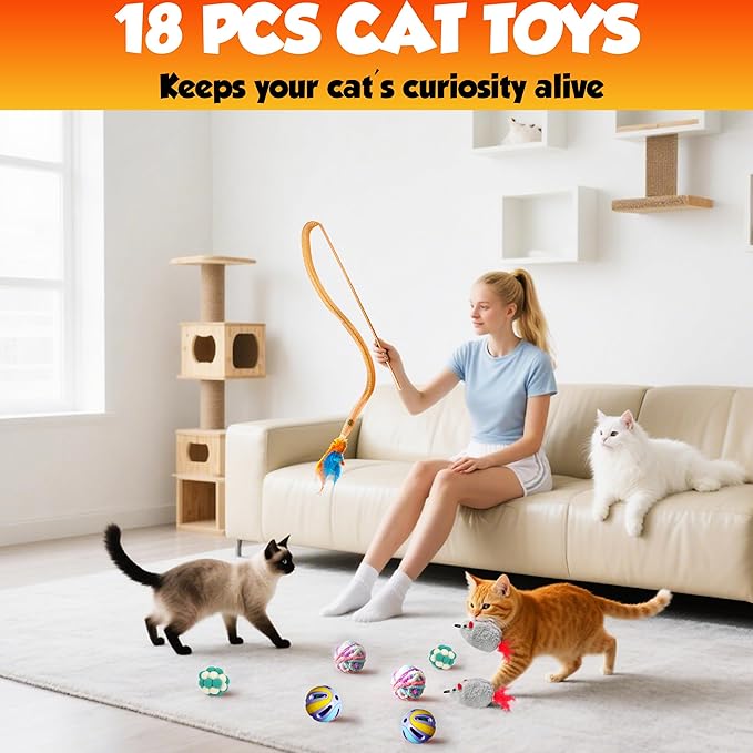 Cat Toys Set for Indoor Cats – 18PCS Cat Toys with Teaser Wand, Mouse, Ball, Spring Toys for Kittens, Interactive Cat Teaser Toys for Bored Cats Exercise and Play-Mewly Pet