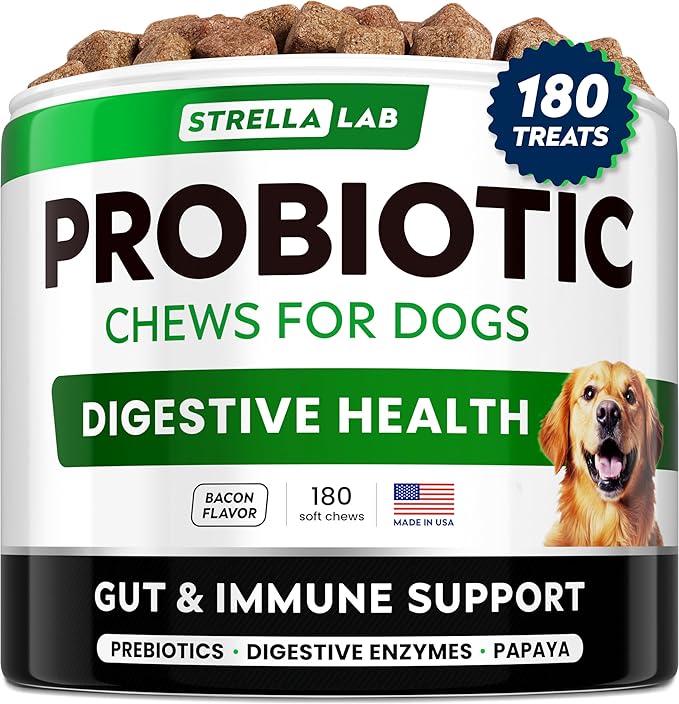 StrellaLab Dog Probiotics Treats for Picky Eaters (180ct) - Digestive Enzymes + Prebiotics - Chewable Fiber Supplement - Allergy, Diarrhea, Gas, Constipation, Upset Stomach Relief - Improve Digestion-Mewly Pet