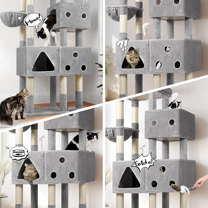 Globlazer Extra Large Cat Tower, 81-inch Tall Cat Tree for Big Cats 20 lbs, XXL Heavy Duty Cat Scratching Tower for Indoor Adult Cats with 3 Cat Condos, 8 Scratching Posts, F81, Light Grey-Mewly Pet