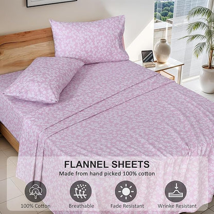 RUVANTI Flannel Sheets Queen Size - 100% Cotton Double Brushed Bed Sheets, Deep Pockets 16 Inches Queen Sheet Set, All Seasons Breathable & Extra Soft - Warm & Cozy, 4 Piece, Pink Flora