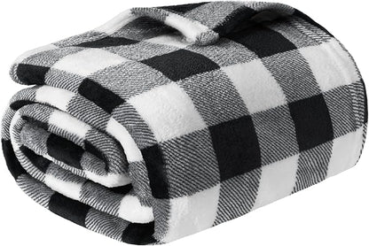 PAVILIA Black and White Buffalo Plaid Fleece Bed Blanket Queen Size, Soft Checkered Flannel Blanket for Sofa, Plaid Christmas Couch Throw Bed, Warm Cozy Decorative Blanket Fall Decor Gift, 90x90