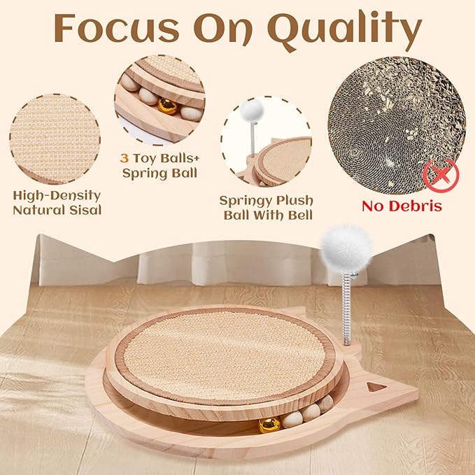 Natural Sisal Cat Scratcher, Round Cat Toys for Indoor Cats Interactive Toys with Ball Track Spring Ball, Kitten Toys for Chasing Hunting Mental Physical Exercise Puzzle-Mewly Pet