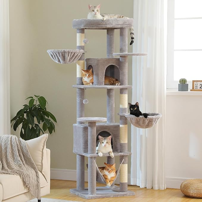71.2" Tall Cat Tree for Indoor Cats - 9-Level Multi-Cat Tower w/5 Sisal Scratching Posts, 2 Condos, 3 Hammocks, Perch & Pom Poms - Heavy-Duty for Adult Cats, Space-Saving Plush Gray-Mewly Pet