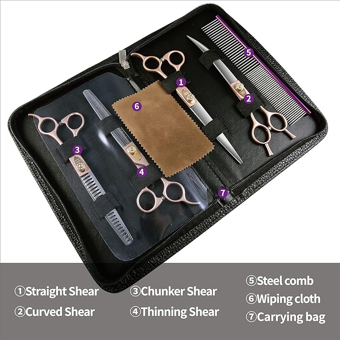 Fenice Peak 8‘’ Professional Dog Grooming Scissors Set Rose Gold 440C Stainless Steel Straight Thinning Curved Chunker Shears 4pcs Set for Pet Grooming Services Dogs and Cats-Mewly Pet