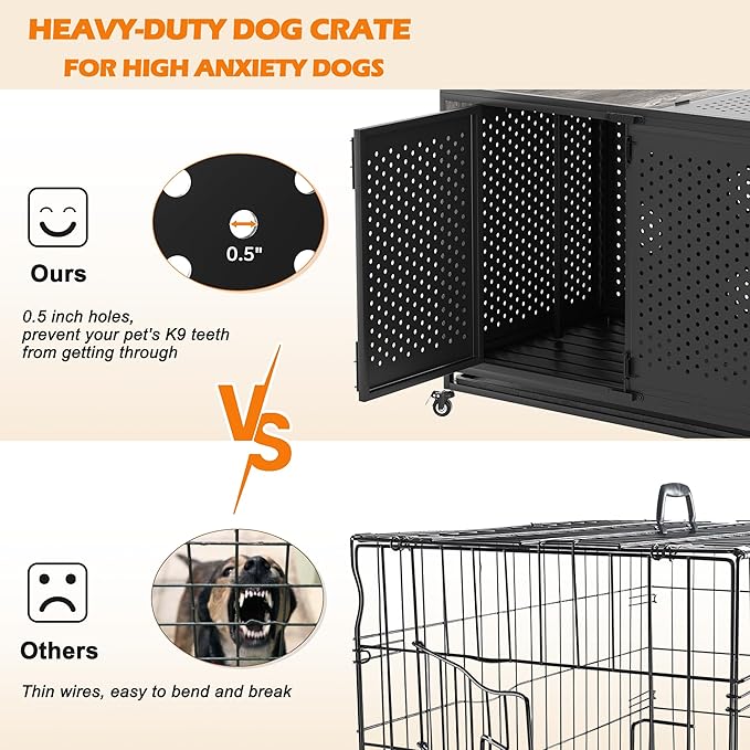 48" Heavy Duty Dog Crate Furniture for Extra Large Dogs, Enclosed Design with 0.5 inch Holes, Indestructible Metal Kennel for High Anxiety Dogs, Chew Proof Pet House Cage Indoor, Gray-Mewly Pet