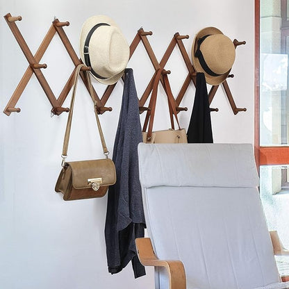 WEBI Accordion Wall Hanger,Expandable Wooden Coat Rack,Accordion Hat Rack for Wall,Accordion Hook Rack for Hats,Caps,20 Peg Hooks,Brown,2 Packs