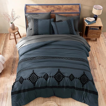MaiRêve Embroidery King Size Comforter Set Blue Grey, Boho Farmhouse Western Bedding Set 7 Pieces, All Season Bed in A Bag Comforter Set with Sheets, Pillowcases & Shams