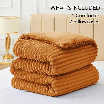BEDELITE Fleece Queen Comforter Set -Super Soft & Warm Fluffy Rust Orange Bedding, Luxury Fuzzy Heavy Bed Set for Winter with 2 Pillow Cases