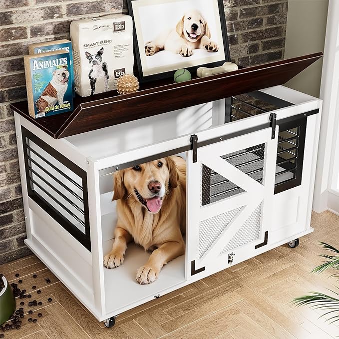 47 inch XL Dog Crate Furniture with Top-Access Teasing/Feeding Doors, Farmhouse Wooden Decorative Dog Crates with Wheels, Chew-Resistant Dog Crates End Table for Medium&Large Dogs, White-Mewly Pet