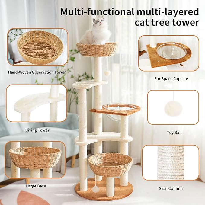 Modern Cat Tree Tower,Hand-Woven Ma Teng cat nest, Sisal-Covered Scratching Posts for Indoor Cats, Multi-Level Cat Condo with Space Capsule Nest, Tall Cat Tree for Multiple Large Cats-Mewly Pet